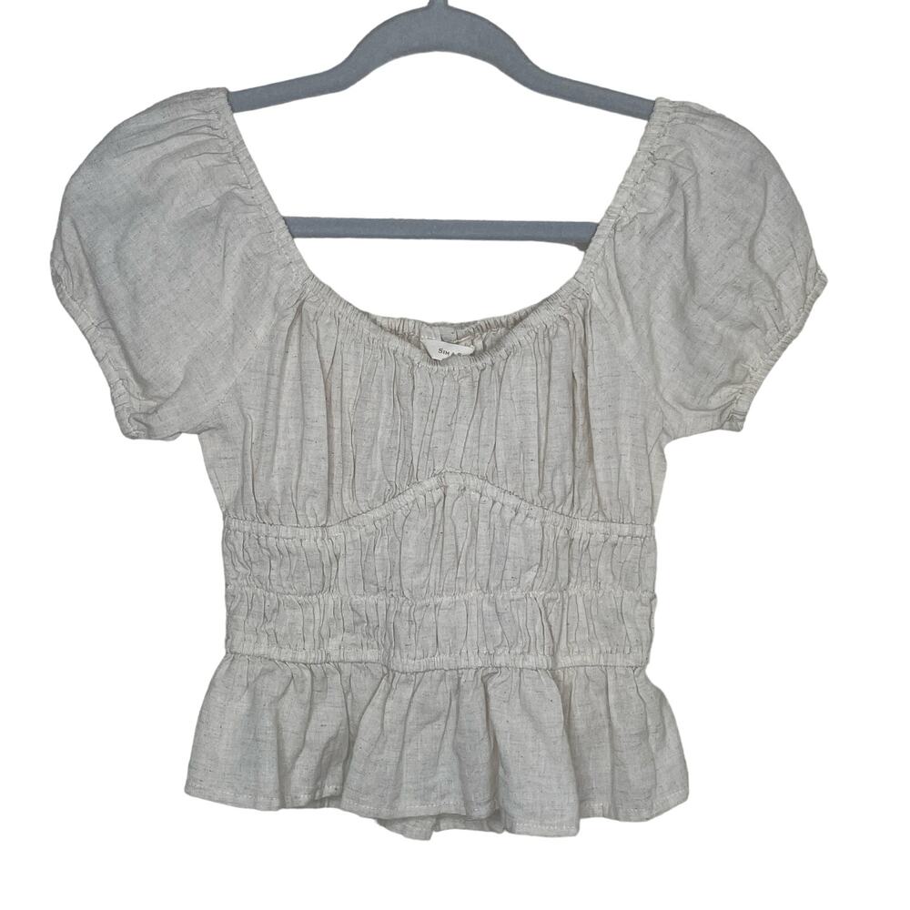 Sim & Sam Linen Blend Puff Sleeve Top Size S